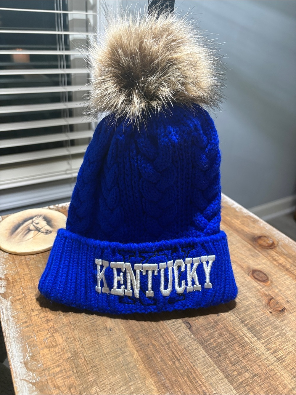 Kentucky Cable Knit Pom Pom Beanie - Royal Blue